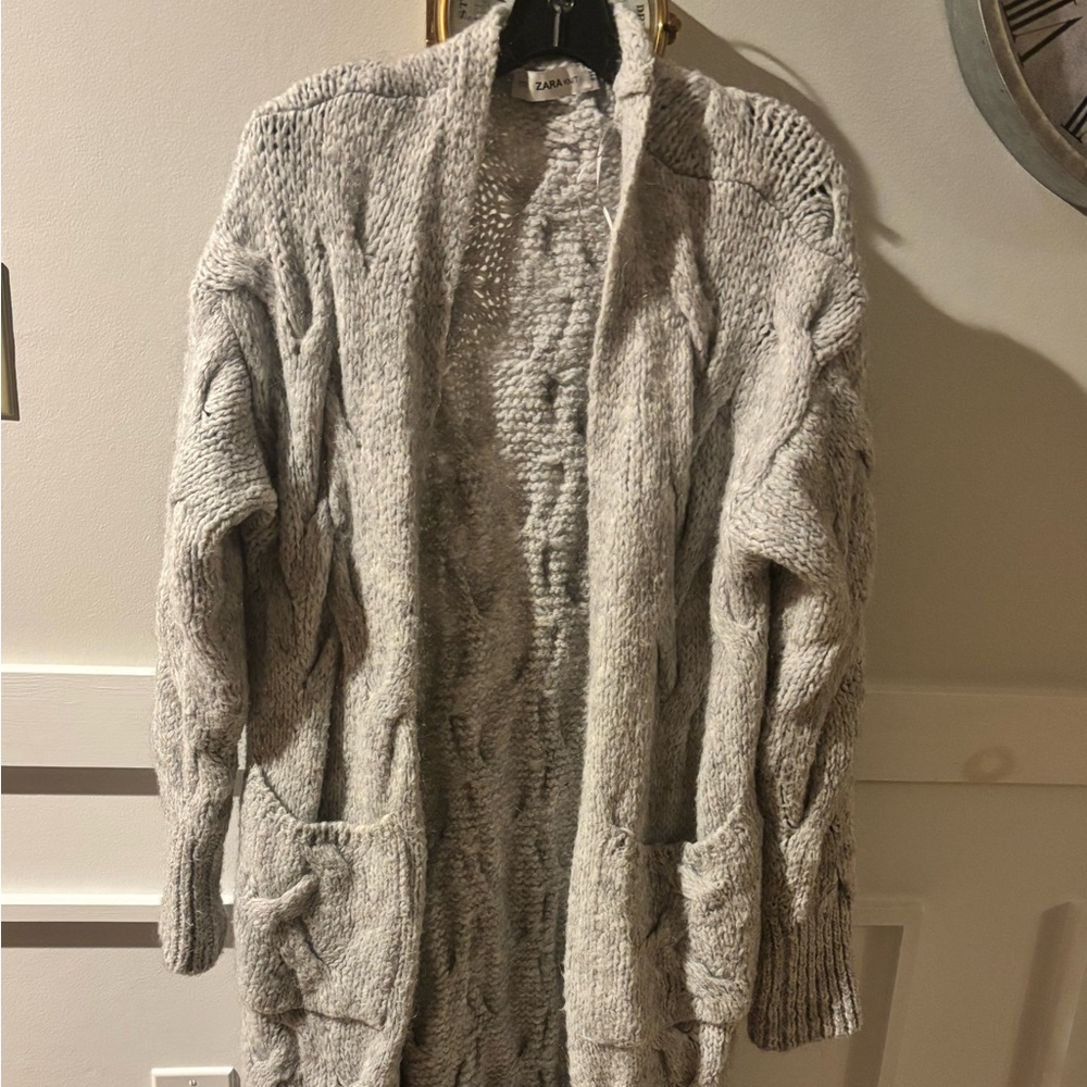Zara Light Gray Open-Front Cable Knit Cardigan with Pockets size S - Picture 6 of 8